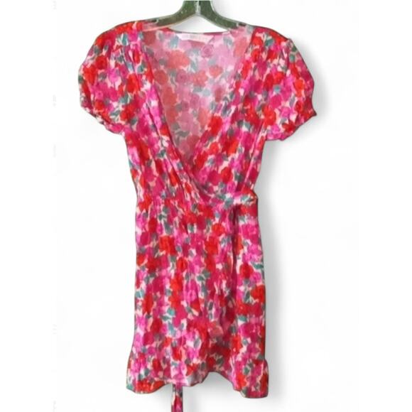 Zara Floral Vibrant Roses Whimsical Wrap Knee Length Dress Size Large. - Picture 2 of 4